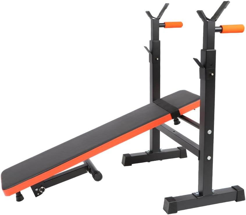 Panana Adjustable Folding Weight Bench with Dip Station, Heavy Duty Bench Press with Barbell Rack, Full Body Workout Strength Training Incline Decline Flat Bench for Home Gym