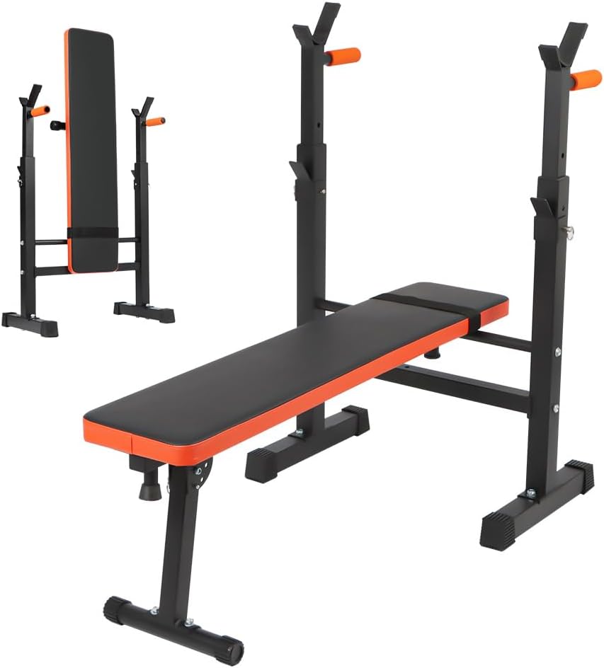 Panana Adjustable Folding Weight Bench with Dip Station, Heavy Duty Bench Press with Barbell Rack, Full Body Workout Strength Training Incline Decline Flat Bench for Home Gym