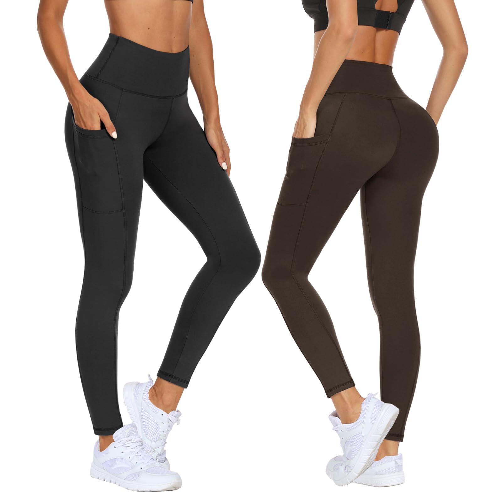 DDOBB 2 Pack Leggings for Women High Waisted Black Gym Leggings with Pockets Tummy Control Stretchy Pants Trousers for Fitness Yoga Running Regular Plus Size
