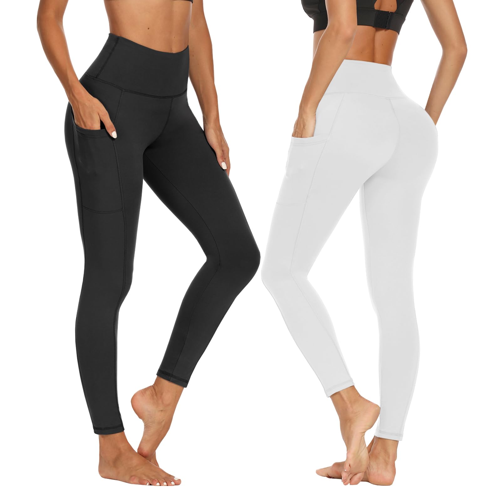 DDOBB 2 Pack Leggings for Women High Waisted Black Gym Leggings with Pockets Tummy Control Stretchy Pants Trousers for Fitness Yoga Running Regular Plus Size