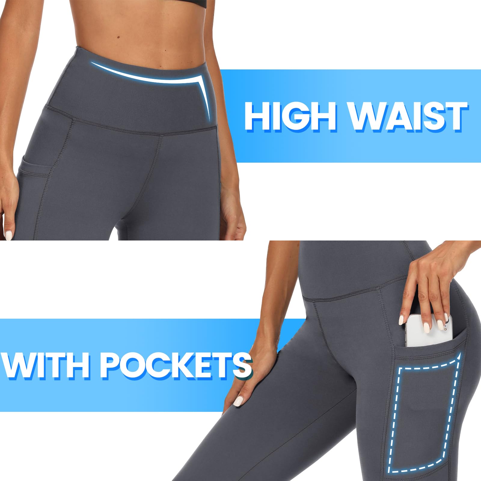 DDOBB 2 Pack Leggings for Women High Waisted Black Gym Leggings with Pockets Tummy Control Stretchy Pants Trousers for Fitness Yoga Running Regular Plus Size