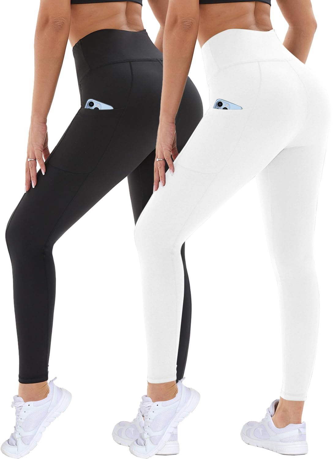 DDOBB 2 Pack Leggings for Women High Waisted Black Gym Leggings with Pockets Tummy Control Stretchy Pants Trousers for Fitness Yoga Running Regular Plus Size