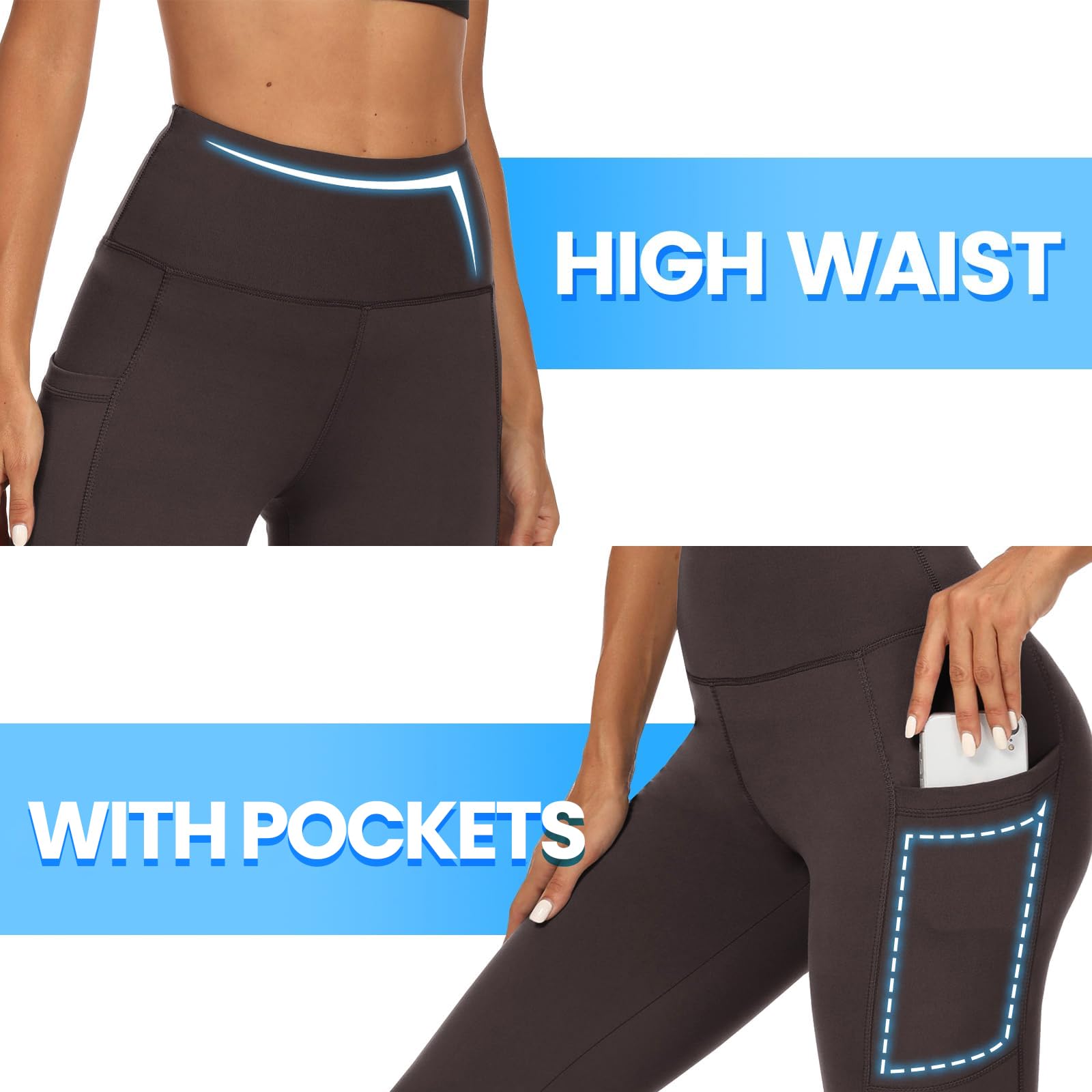 DDOBB 2 Pack Leggings for Women High Waisted Black Gym Leggings with Pockets Tummy Control Stretchy Pants Trousers for Fitness Yoga Running Regular Plus Size