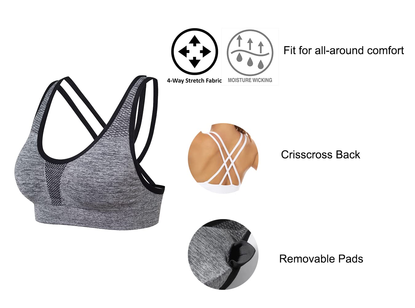 SEGRILA Women’s Sports Bras 3 Pack Crisscross Back Yoga Bras Medium Support Workout Bras with Removable Pads