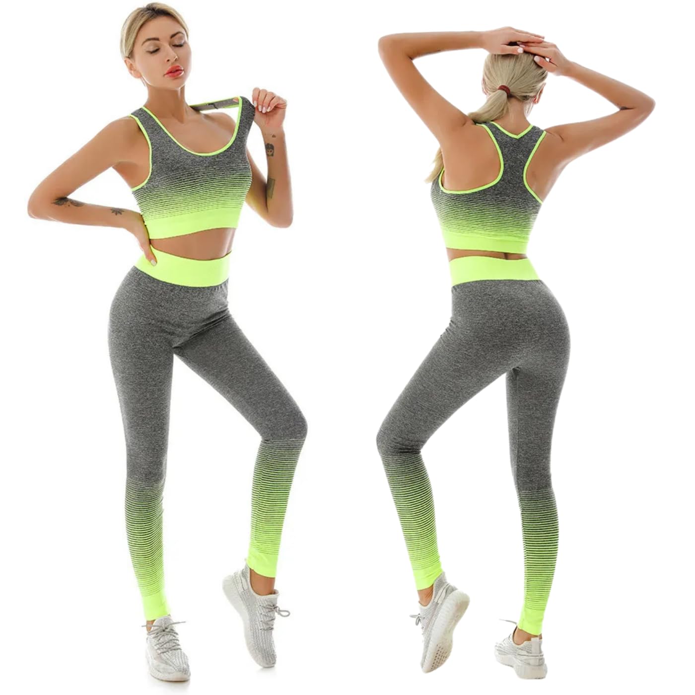 ZiaWorld Women Workout Outfits 2 Piece Set, Gym Set Seamless Ribbed Casual Comfortable Vest Short Top High Waist Leggings Sets, Sports Activewear Tracksuit Yoga Fitness Ladies Gym Wear