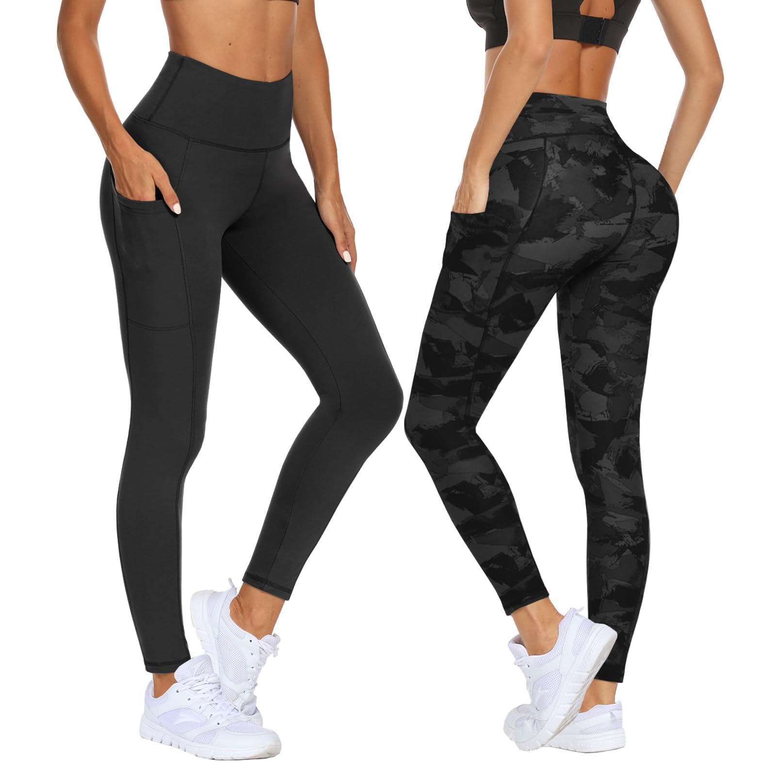 DDOBB 2 Pack Leggings for Women High Waisted Black Gym Leggings with Pockets Tummy Control Stretchy Pants Trousers for Fitness Yoga Running Regular Plus Size
