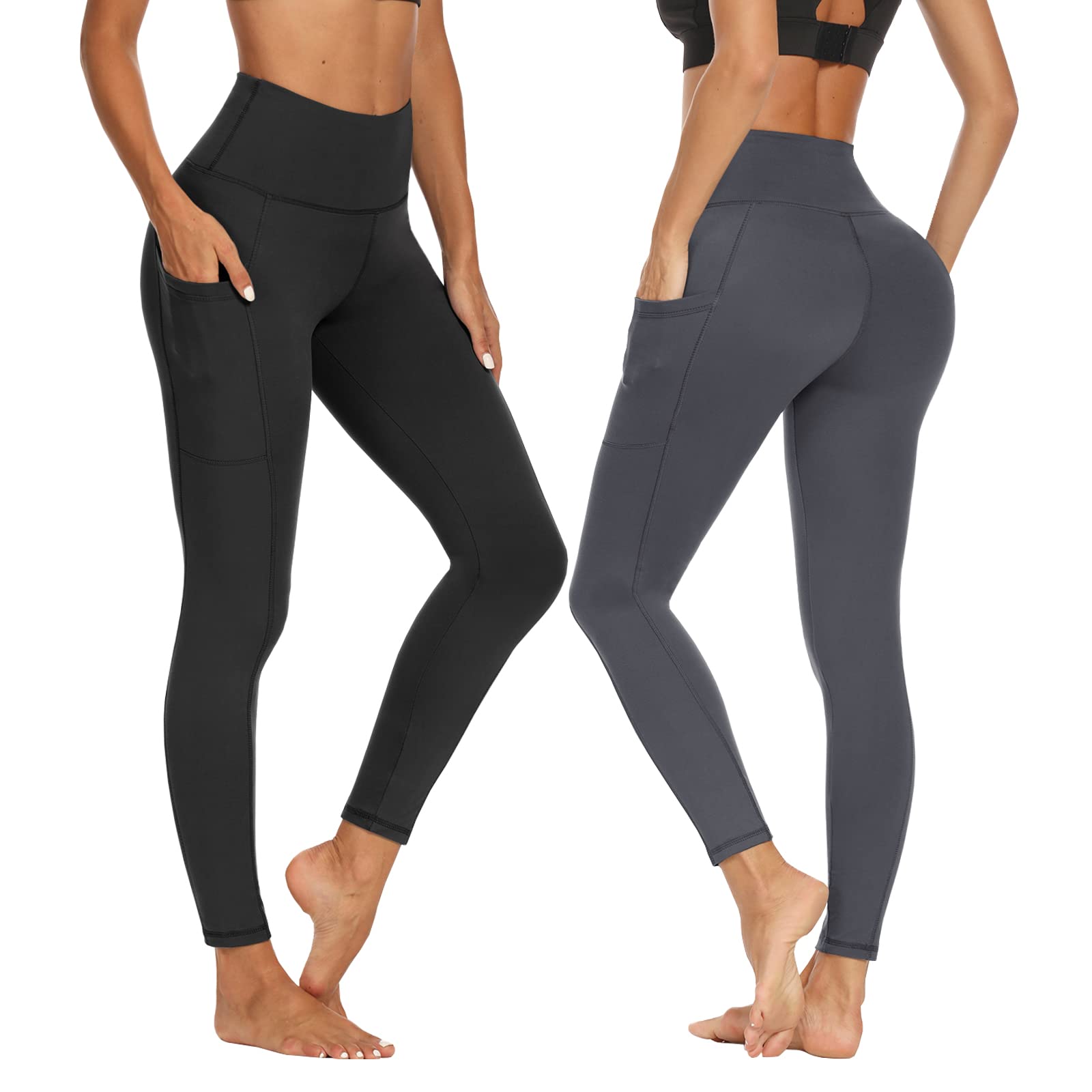 DDOBB 2 Pack Leggings for Women High Waisted Black Gym Leggings with Pockets Tummy Control Stretchy Pants Trousers for Fitness Yoga Running Regular Plus Size
