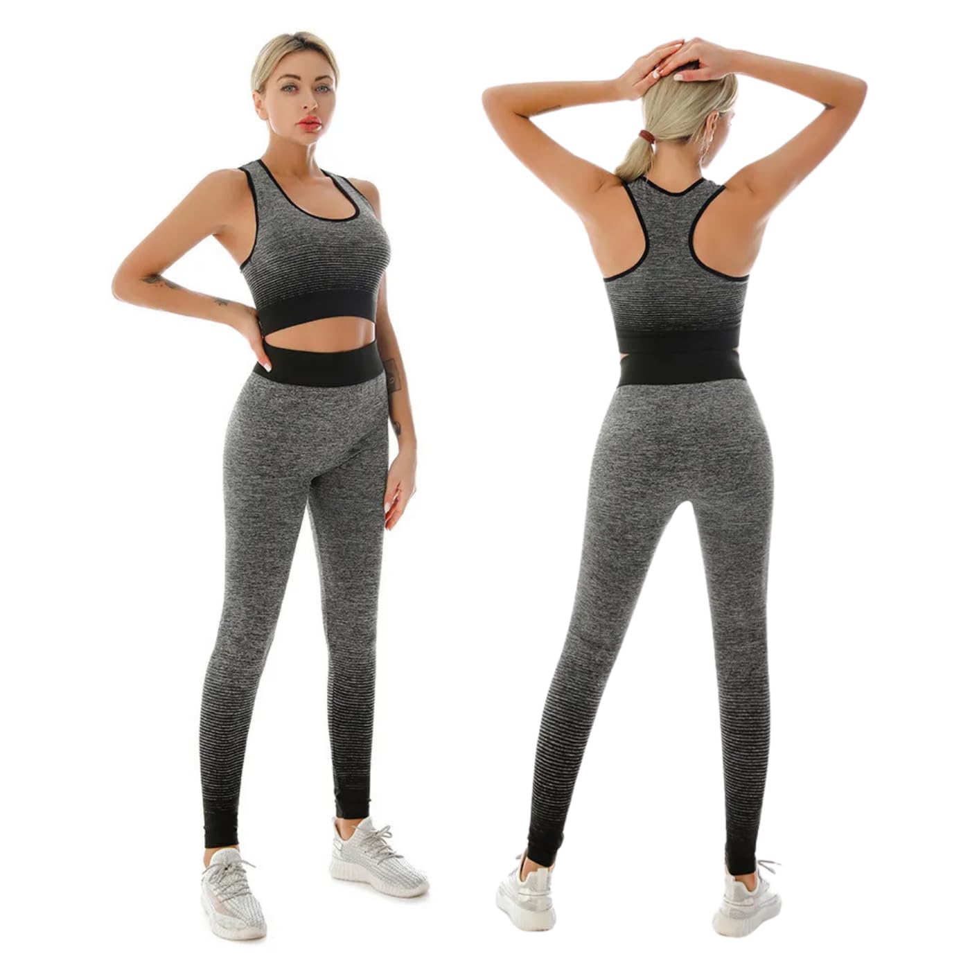ZiaWorld Women Workout Outfits 2 Piece Set, Gym Set Seamless Ribbed Casual Comfortable Vest Short Top High Waist Leggings Sets, Sports Activewear Tracksuit Yoga Fitness Ladies Gym Wear