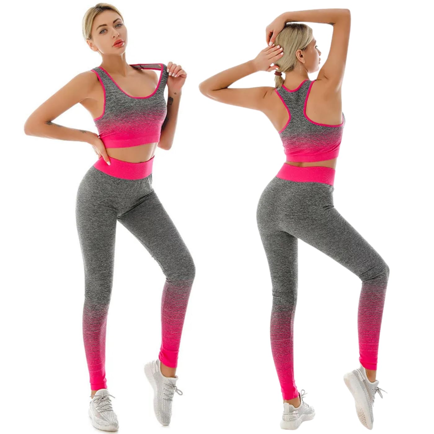 ZiaWorld Women Workout Outfits 2 Piece Set, Gym Set Seamless Ribbed Casual Comfortable Vest Short Top High Waist Leggings Sets, Sports Activewear Tracksuit Yoga Fitness Ladies Gym Wear