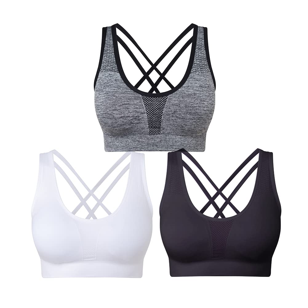 SEGRILA Women’s Sports Bras 3 Pack Crisscross Back Yoga Bras Medium Support Workout Bras with Removable Pads