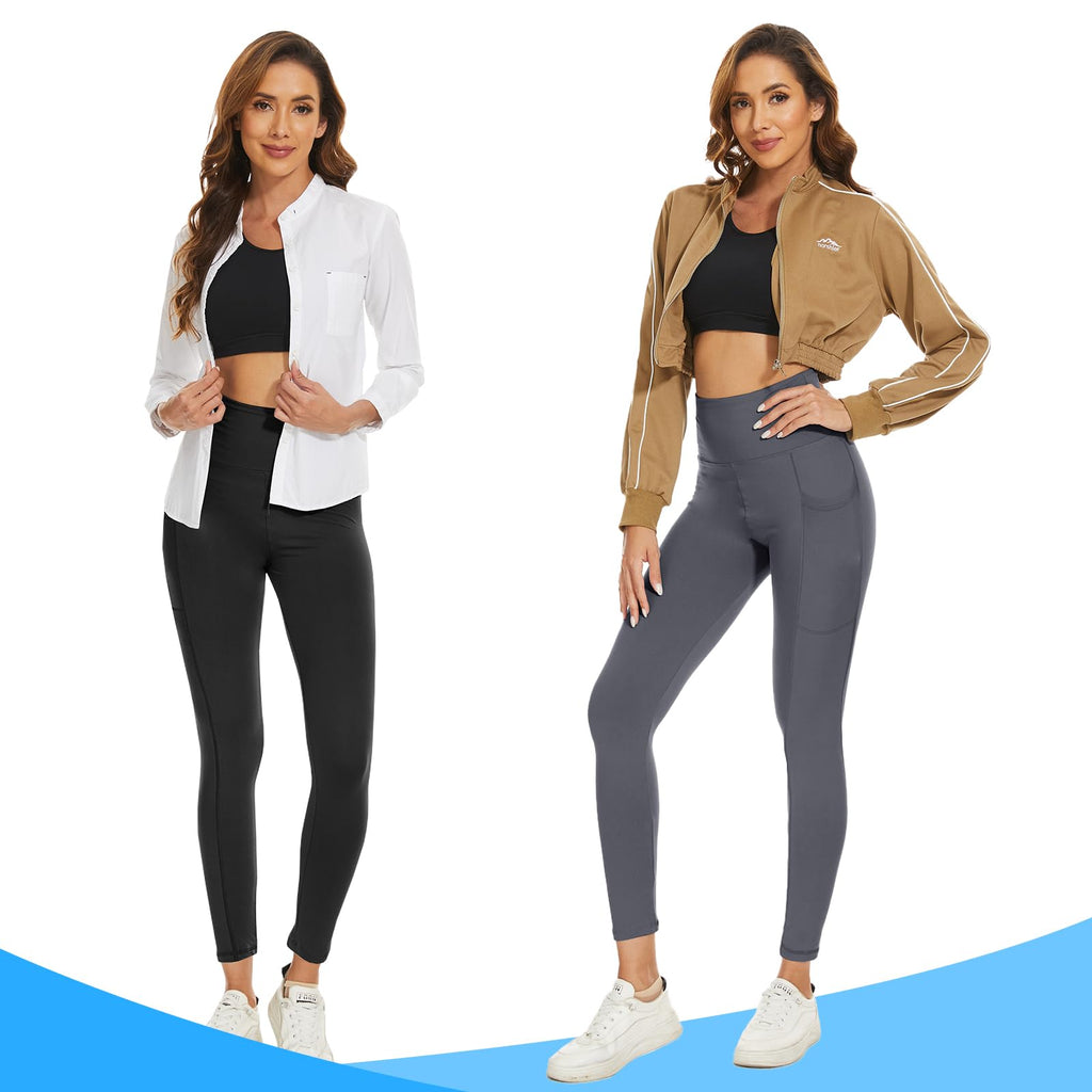 DDOBB 2 Pack Leggings for Women High Waisted Black Gym Leggings with Pockets Tummy Control Stretchy Pants Trousers for Fitness Yoga Running Regular Plus Size