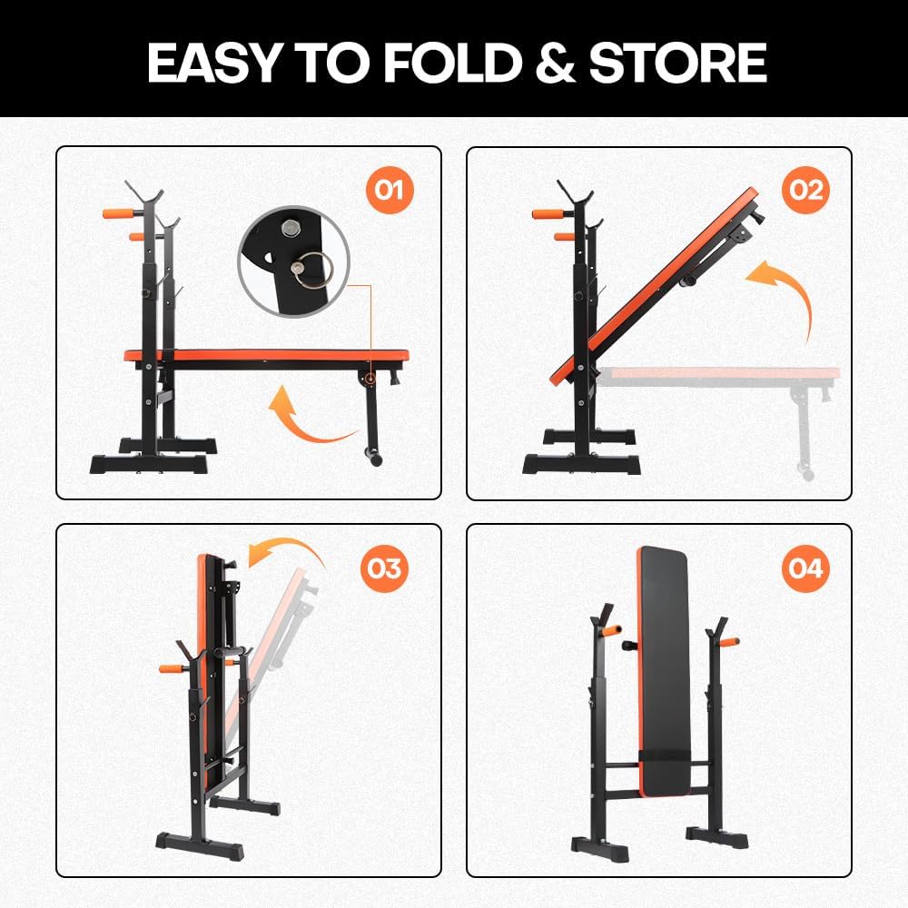 Panana Adjustable Folding Weight Bench with Dip Station, Heavy Duty Bench Press with Barbell Rack, Full Body Workout Strength Training Incline Decline Flat Bench for Home Gym