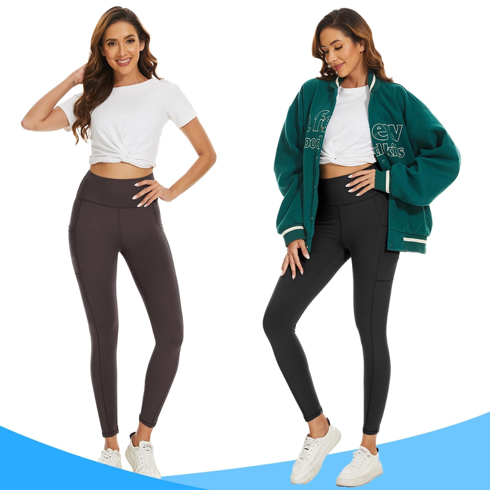 DDOBB 2 Pack Leggings for Women High Waisted Black Gym Leggings with Pockets Tummy Control Stretchy Pants Trousers for Fitness Yoga Running Regular Plus Size