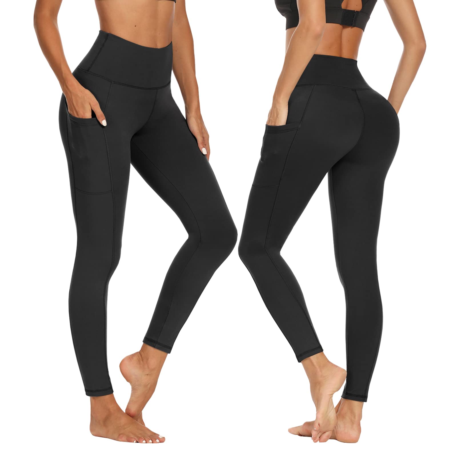 DDOBB 2 Pack Leggings for Women High Waisted Black Gym Leggings with Pockets Tummy Control Stretchy Pants Trousers for Fitness Yoga Running Regular Plus Size