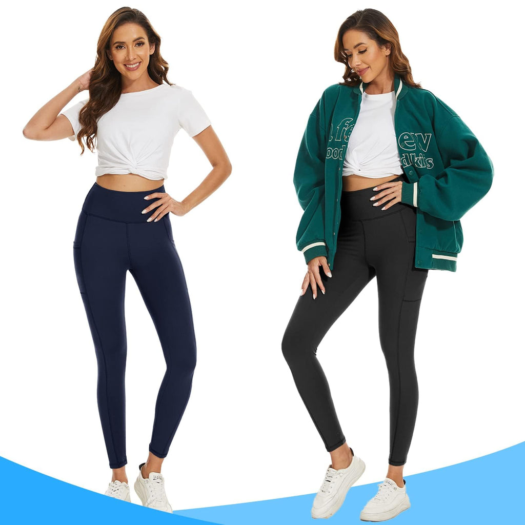 DDOBB 2 Pack Leggings for Women High Waisted Black Gym Leggings with Pockets Tummy Control Stretchy Pants Trousers for Fitness Yoga Running Regular Plus Size