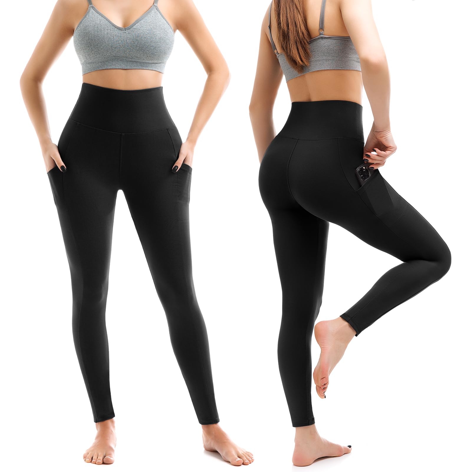 Leafigure 2 Pack Gym Leggings for Women High Waist Opaque Leggings with Pockets for Workout Sport Yoga Running