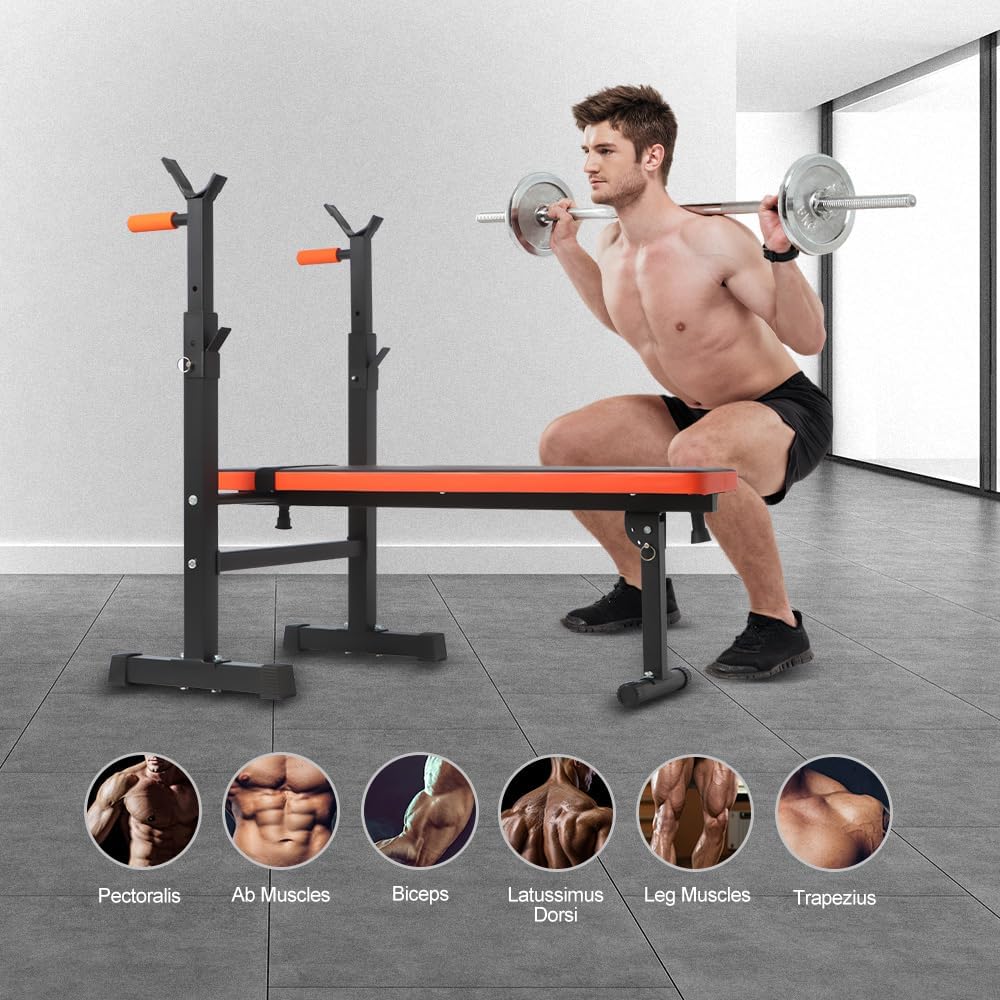 Panana Adjustable Folding Weight Bench with Dip Station, Heavy Duty Bench Press with Barbell Rack, Full Body Workout Strength Training Incline Decline Flat Bench for Home Gym
