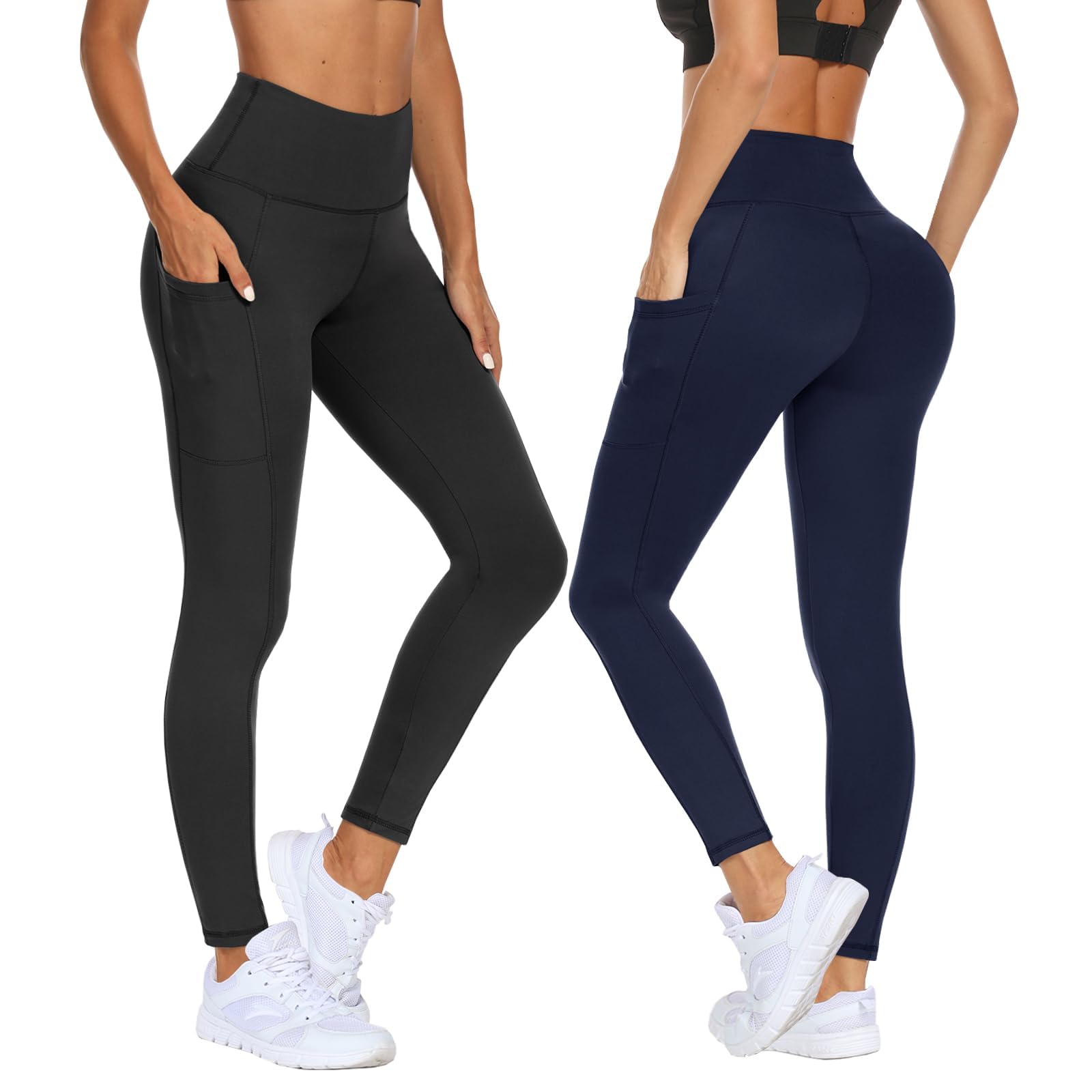 DDOBB 2 Pack Leggings for Women High Waisted Black Gym Leggings with Pockets Tummy Control Stretchy Pants Trousers for Fitness Yoga Running Regular Plus Size