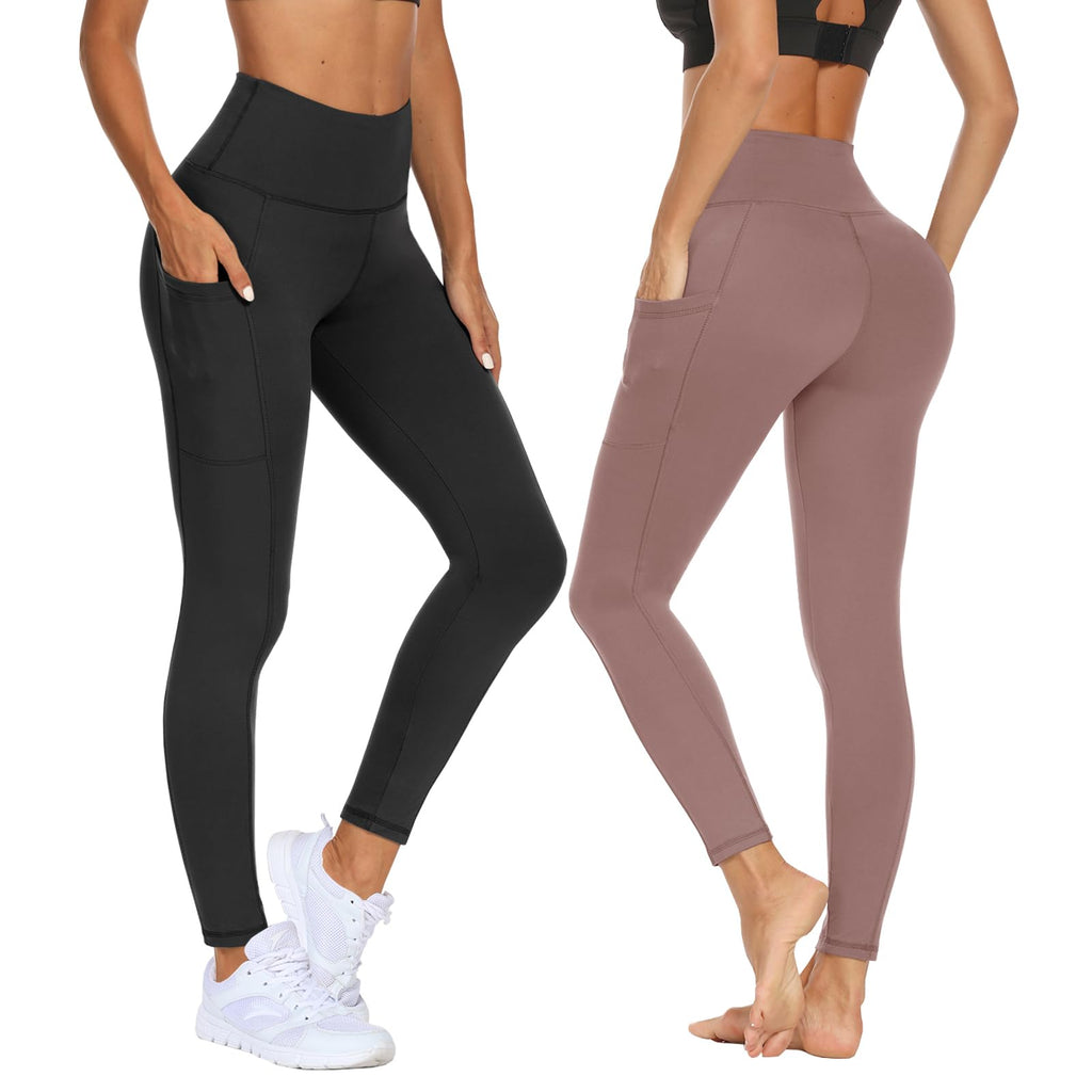 DDOBB 2 Pack Leggings for Women High Waisted Black Gym Leggings with Pockets Tummy Control Stretchy Pants Trousers for Fitness Yoga Running Regular Plus Size