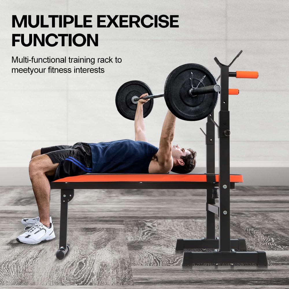 Panana Adjustable Folding Weight Bench with Dip Station, Heavy Duty Bench Press with Barbell Rack, Full Body Workout Strength Training Incline Decline Flat Bench for Home Gym