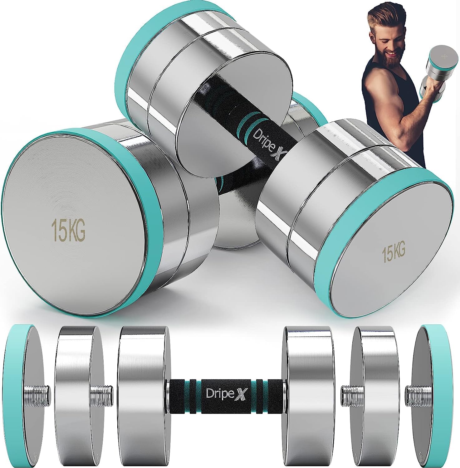 Dripex Steel Adjustable Dumbbells Set 2.5kg 5kg 7.5kg 10kg 15kg 25kg Dumbbells Pair Hand Weights with Foam Handle for Men Women Home Gym Fitness Dumbbell Training