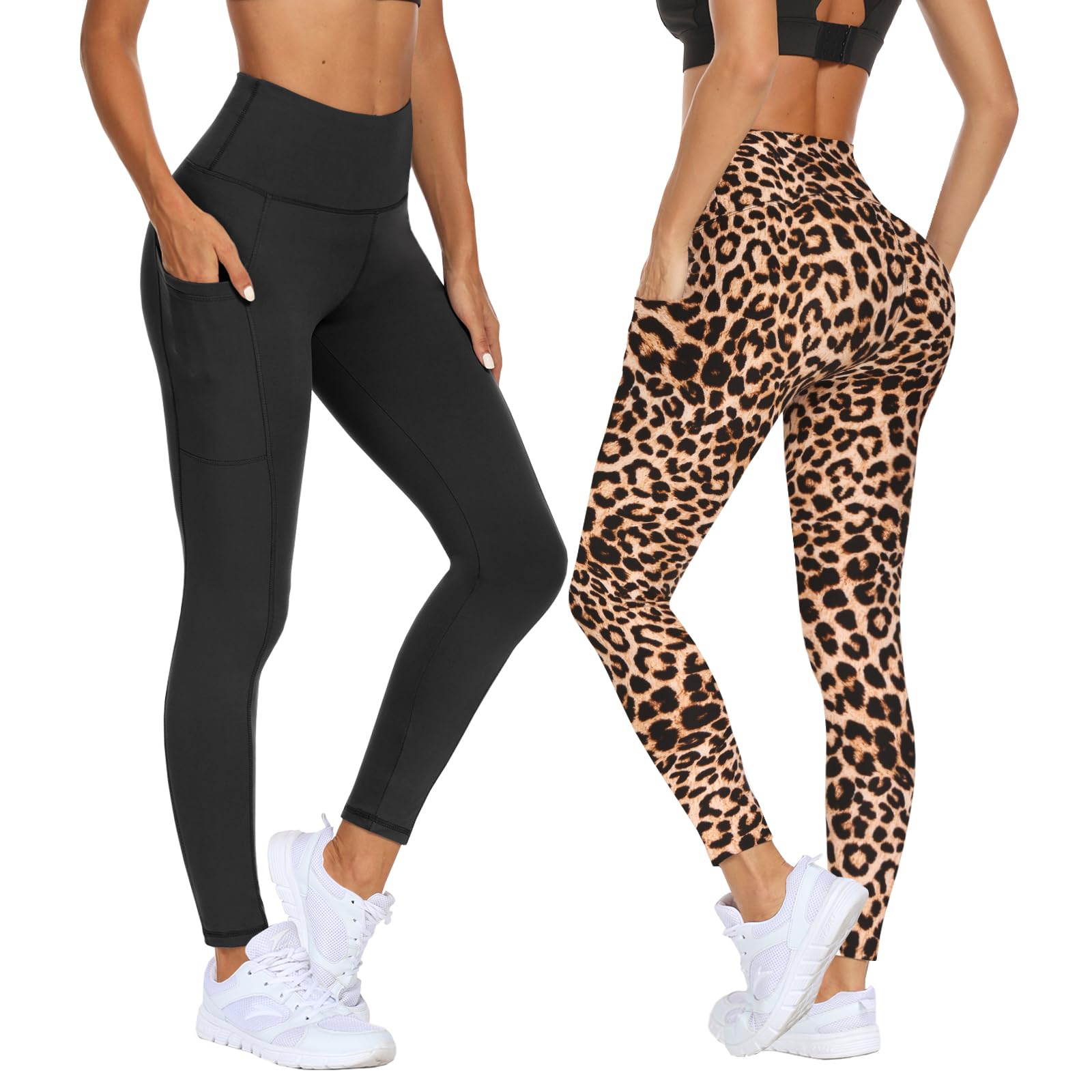 DDOBB 2 Pack Leggings for Women High Waisted Black Gym Leggings with Pockets Tummy Control Stretchy Pants Trousers for Fitness Yoga Running Regular Plus Size