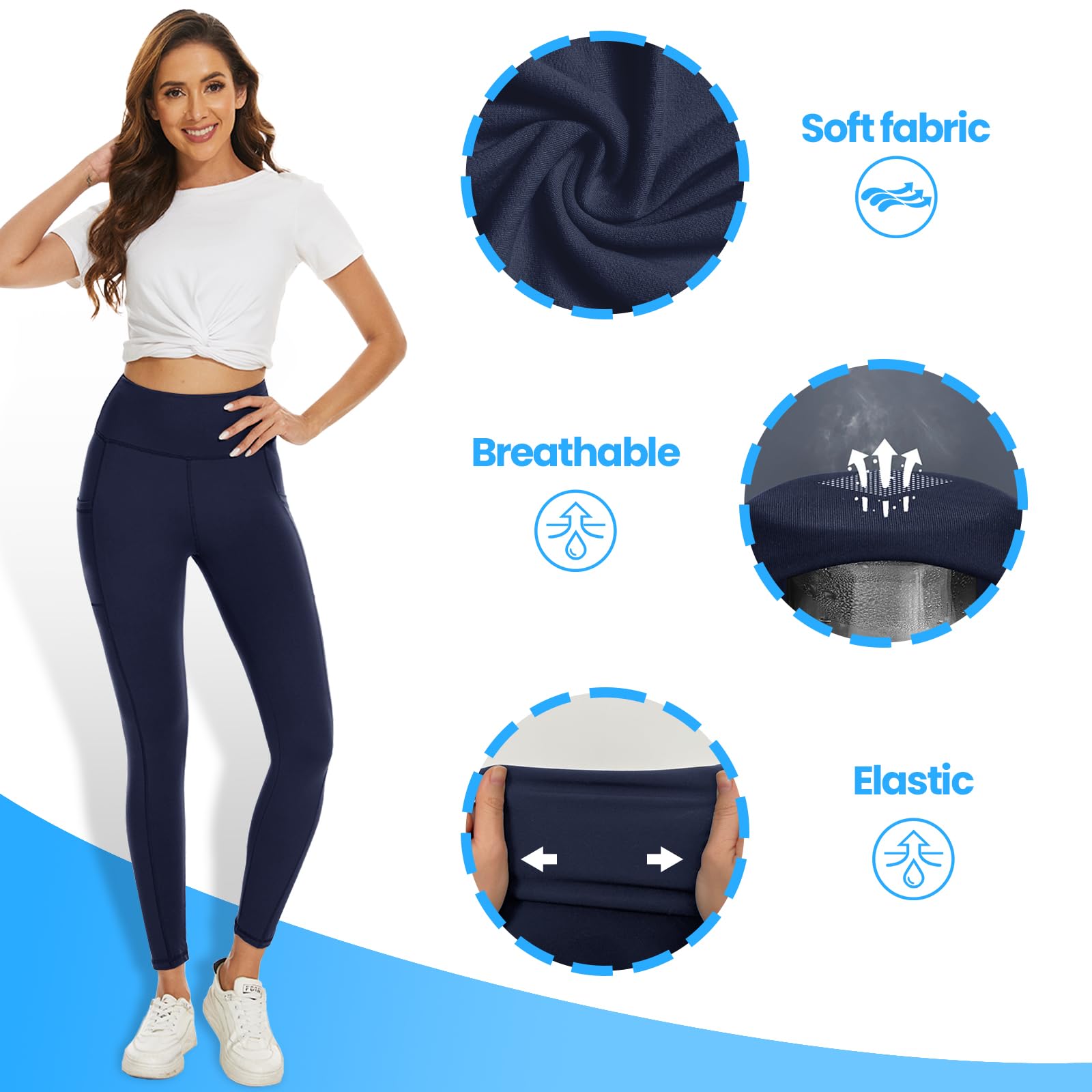 DDOBB 2 Pack Leggings for Women High Waisted Black Gym Leggings with Pockets Tummy Control Stretchy Pants Trousers for Fitness Yoga Running Regular Plus Size