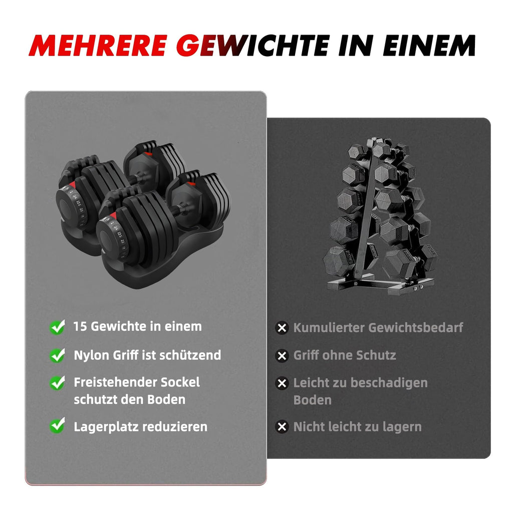 HAKENO 2x24 kg/40 kg Adjustable Dumbbells 15 in 1 Dumbbell Set Adjustable Space-saving Dumbbells, Strength Training and Home Training Variable Weights Space Saving (24-40 kg)