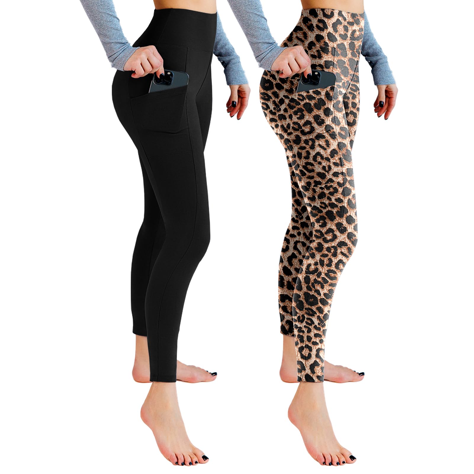 Leafigure 2 Pack Gym Leggings for Women High Waist Opaque Leggings with Pockets for Workout Sport Yoga Running