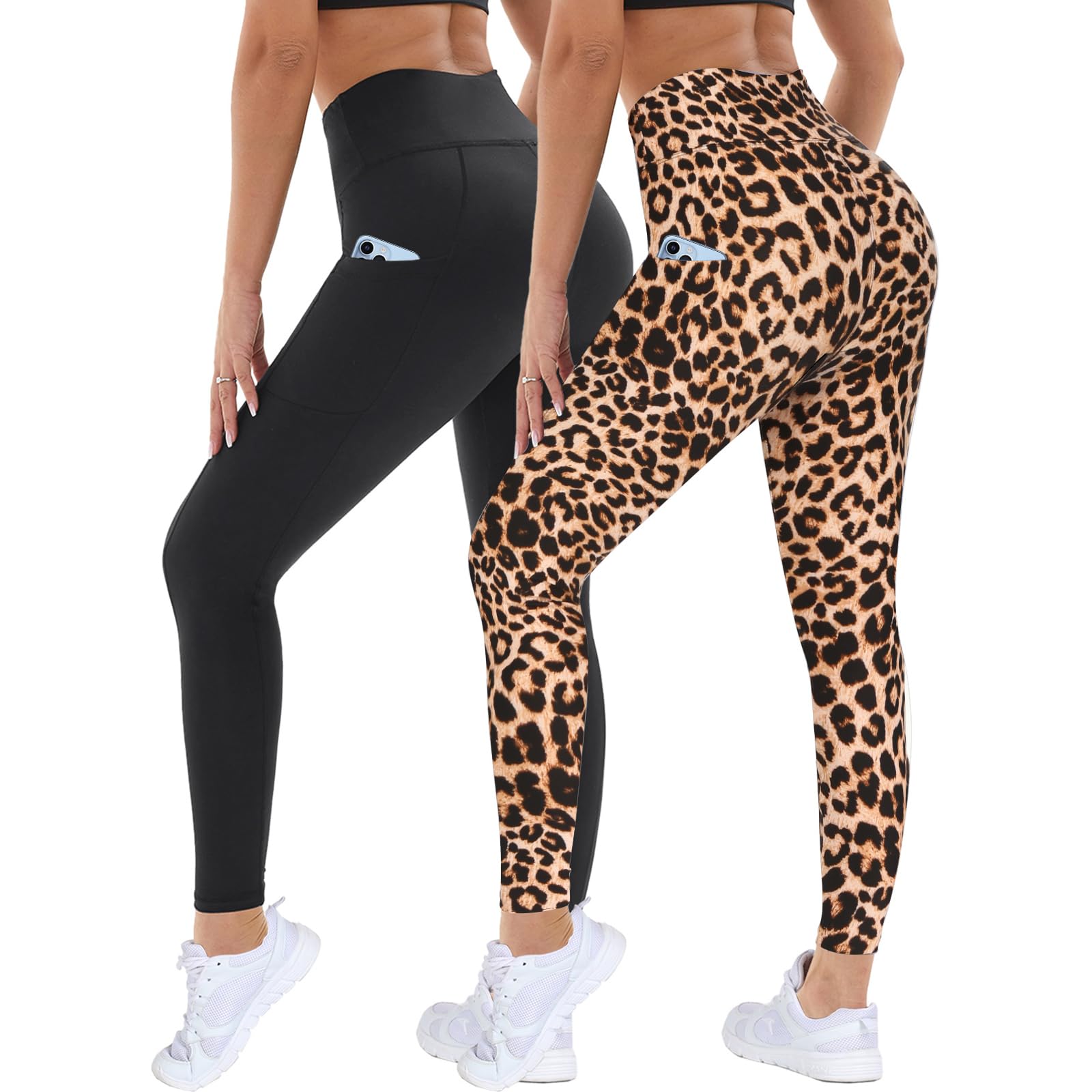 DDOBB 2 Pack Leggings for Women High Waisted Black Gym Leggings with Pockets Tummy Control Stretchy Pants Trousers for Fitness Yoga Running Regular Plus Size