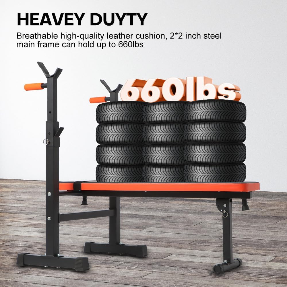Panana Adjustable Folding Weight Bench with Dip Station, Heavy Duty Bench Press with Barbell Rack, Full Body Workout Strength Training Incline Decline Flat Bench for Home Gym