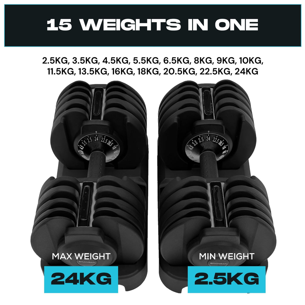 BRAINGAIN Adjustable Dumbbells Set – 15-in-1 & 17-in-1 Pairs | 24kg & 40kg Options | Space-Saving Home Gym Weights | Smart Click Technology | Durable Design