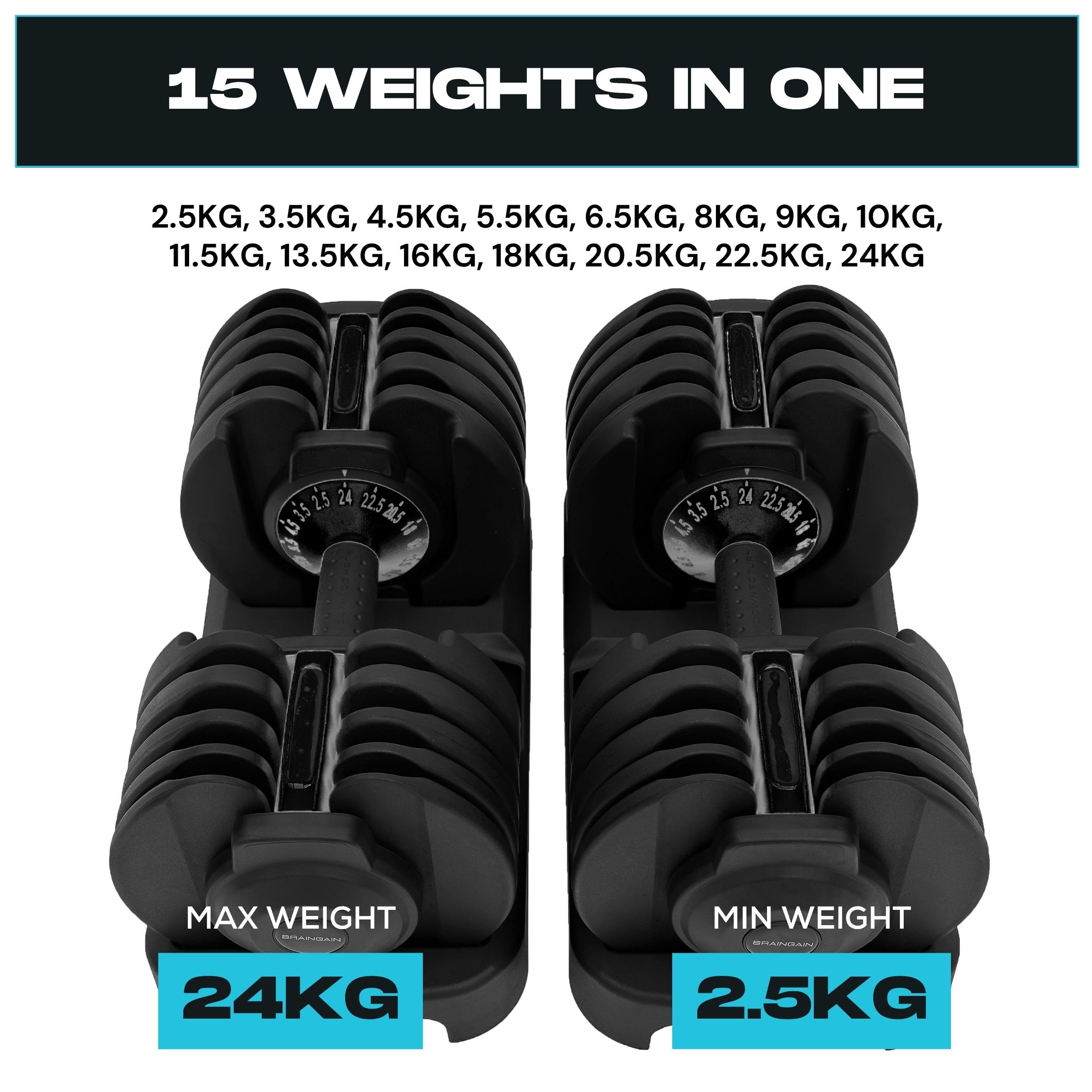 BRAINGAIN Adjustable Dumbbells Set – 15-in-1 & 17-in-1 Pairs | 24kg & 40kg Options | Space-Saving Home Gym Weights | Smart Click Technology | Durable Design