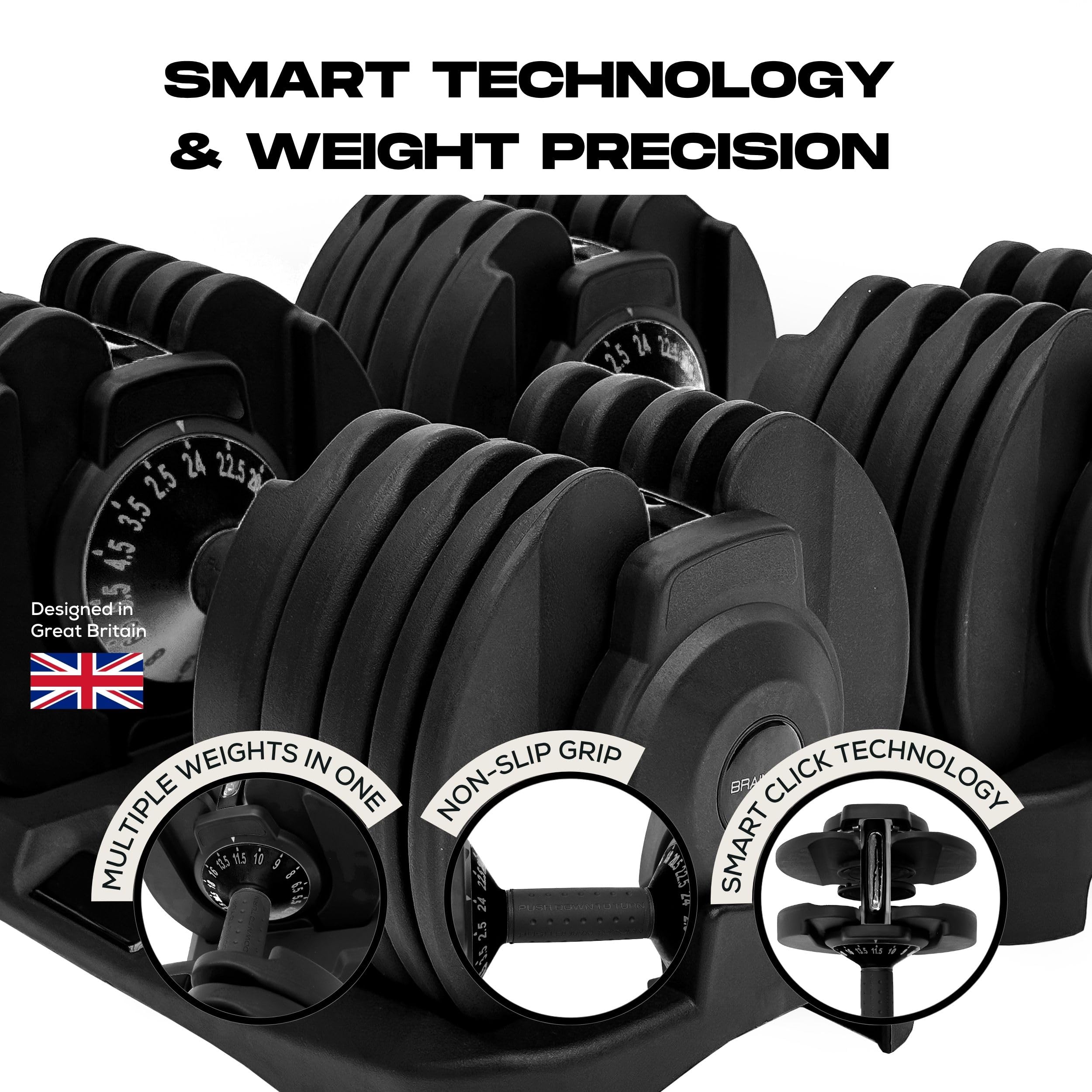 BRAINGAIN Adjustable Dumbbells Set – 15-in-1 & 17-in-1 Pairs | 24kg & 40kg Options | Space-Saving Home Gym Weights | Smart Click Technology | Durable Design