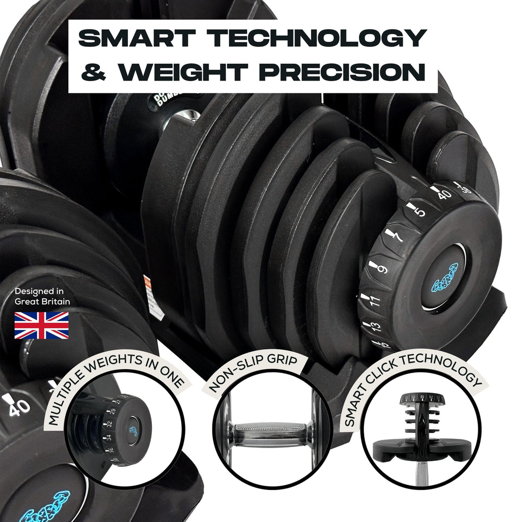 BRAINGAIN Adjustable Dumbbells Set – 15-in-1 & 17-in-1 Pairs | 24kg & 40kg Options | Space-Saving Home Gym Weights | Smart Click Technology | Durable Design