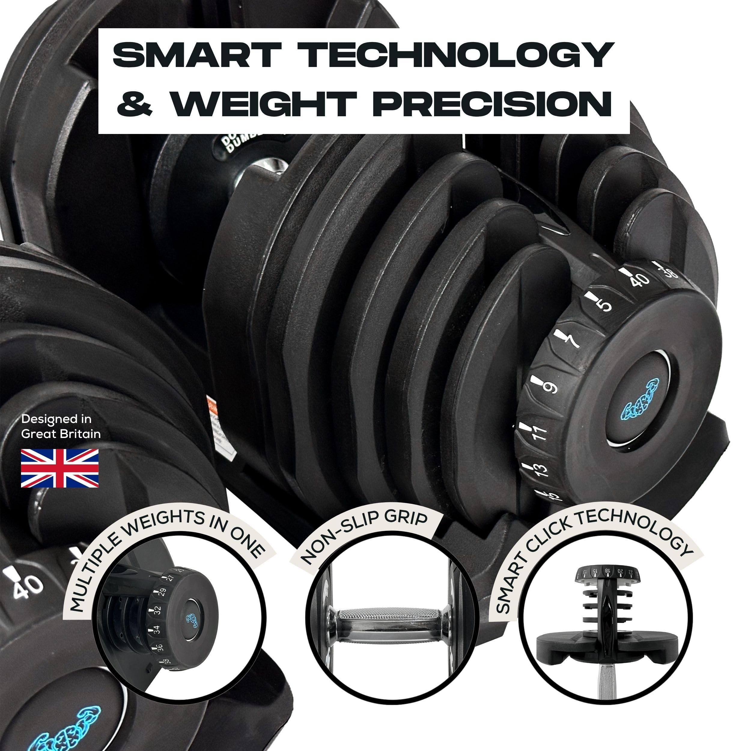 BRAINGAIN Adjustable Dumbbells Set – 15-in-1 & 17-in-1 Pairs | 24kg & 40kg Options | Space-Saving Home Gym Weights | Smart Click Technology | Durable Design